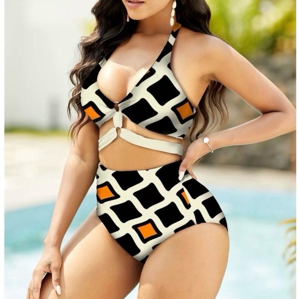 NWT Rosewe Black Orange Cream Geometric Print High Waist Bikini Swimsuit. Size M